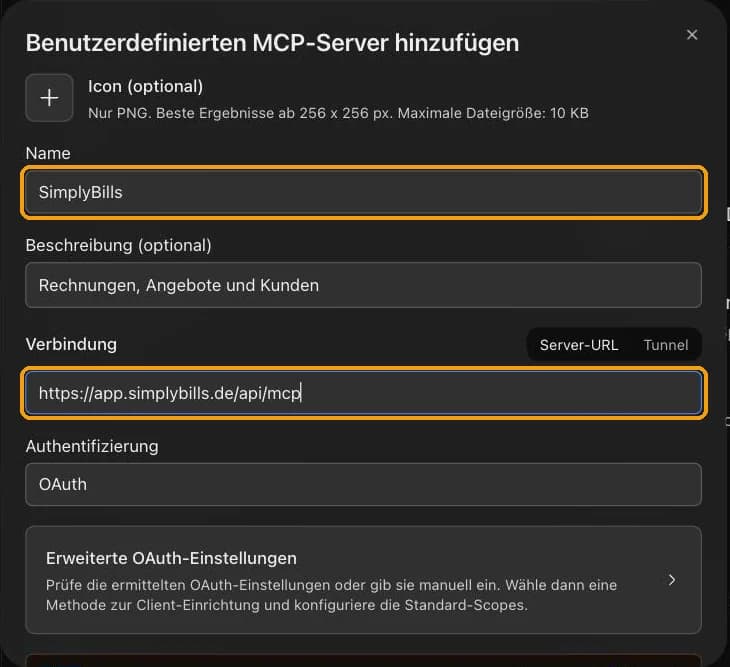 Ausgefülltes Formular in ChatGPT mit dem Namen SimplyBills und der Server-URL