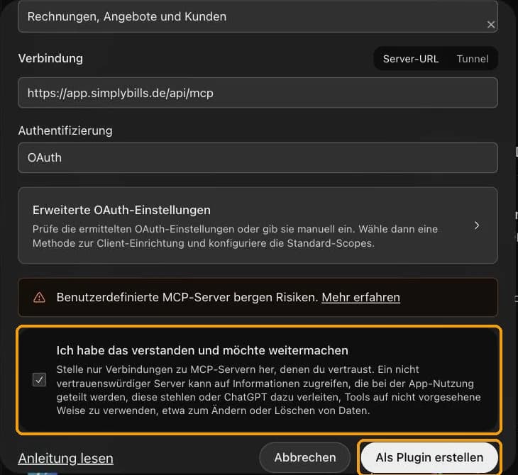 Gesetzter Haken beim Risiko-Hinweis und der Knopf Als Plugin erstellen