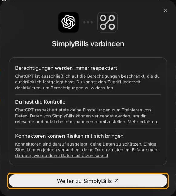 Fenster SimplyBills verbinden mit dem Knopf Weiter zu SimplyBills