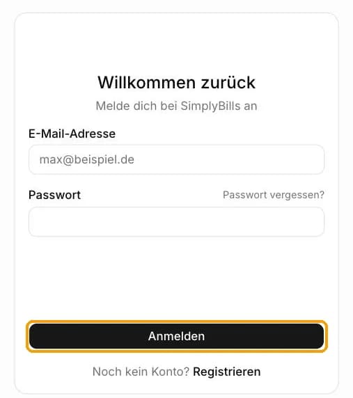 Anmeldeseite von SimplyBills mit E-Mail und Passwort