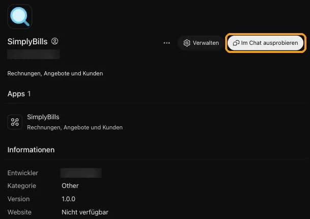 Installiertes SimplyBills-Plugin in ChatGPT mit dem Knopf Im Chat ausprobieren
