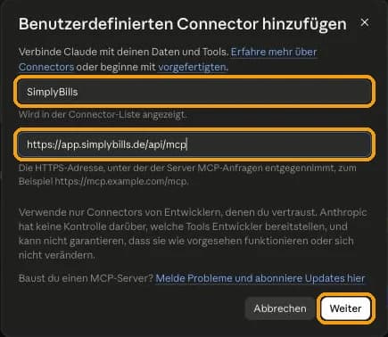Claude-Formular mit dem Namen SimplyBills und der MCP-Server-URL