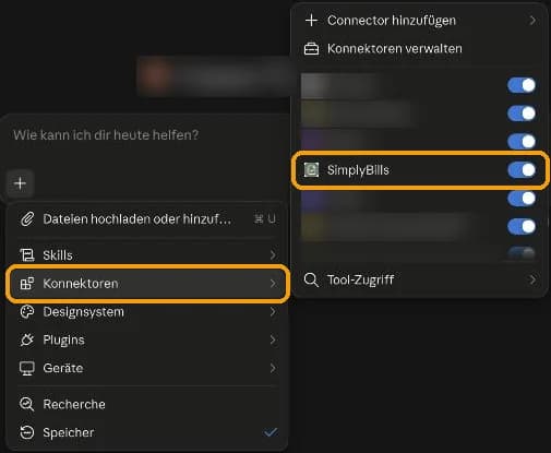 Claude-Menü Konnektoren mit eingeschaltetem SimplyBills