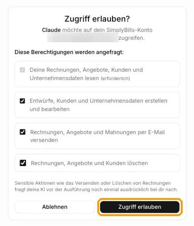 SimplyBills-Seite Zugriff erlauben mit den angefragten Berechtigungen