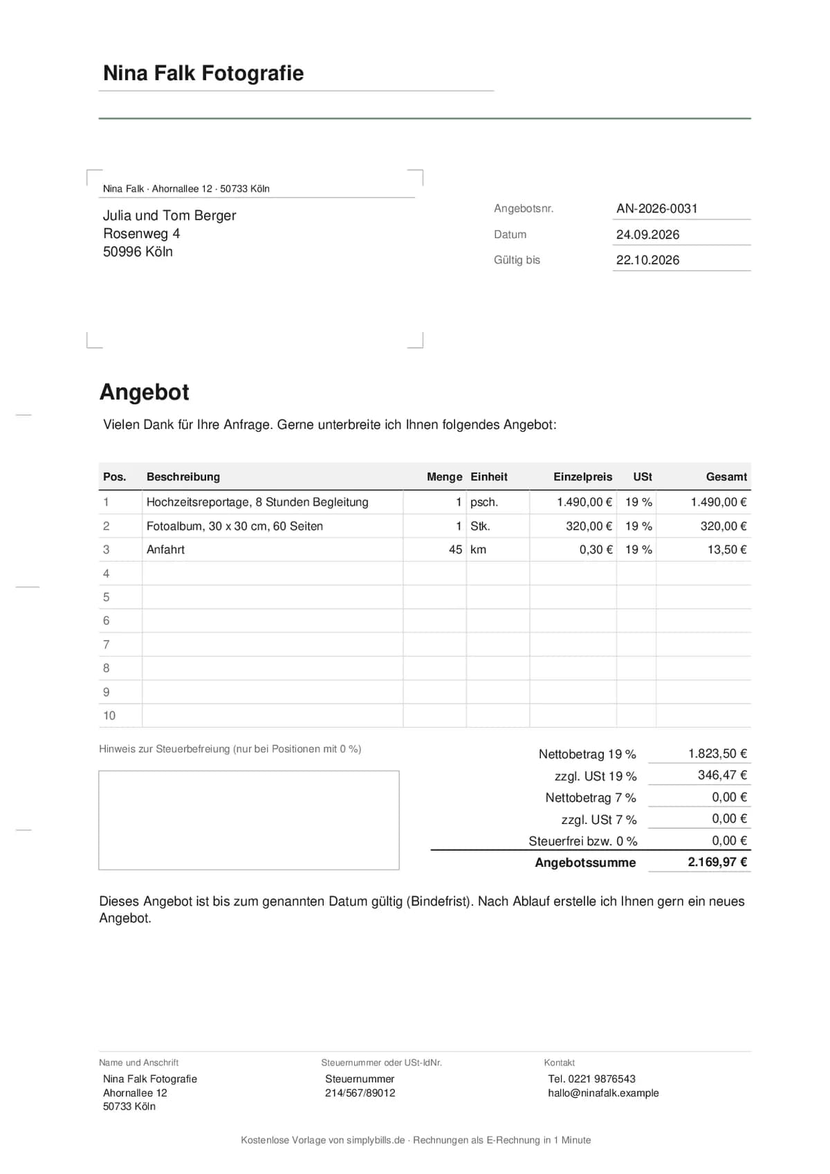 Ausgefülltes Angebot mit Absender, Anschriftfeld, Angebotsnummer, Bindefrist und drei Positionen