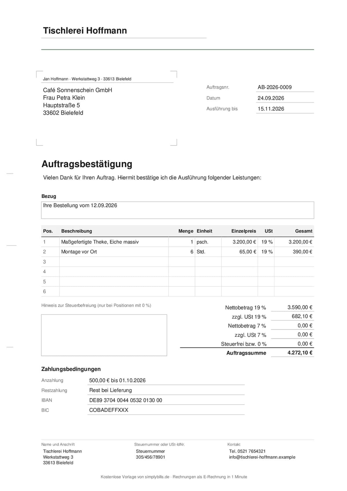 Ausgefüllte Auftragsbestätigung mit Bezug auf Angebot und Bestellung, Anzahlung und Positionstabelle