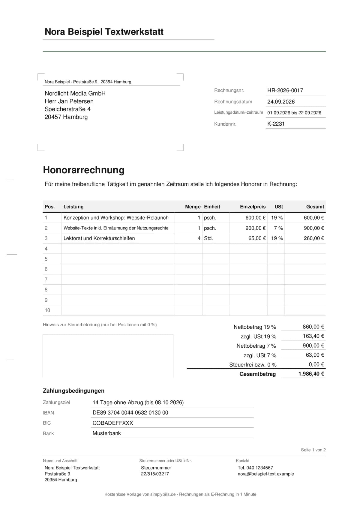 Ausgefüllte Honorarrechnung mit Absender, Anschriftfeld, Leistungszeitraum, drei Positionen mit 19 % und 7 % Umsatzsteuer und optionaler Stundenaufstellung