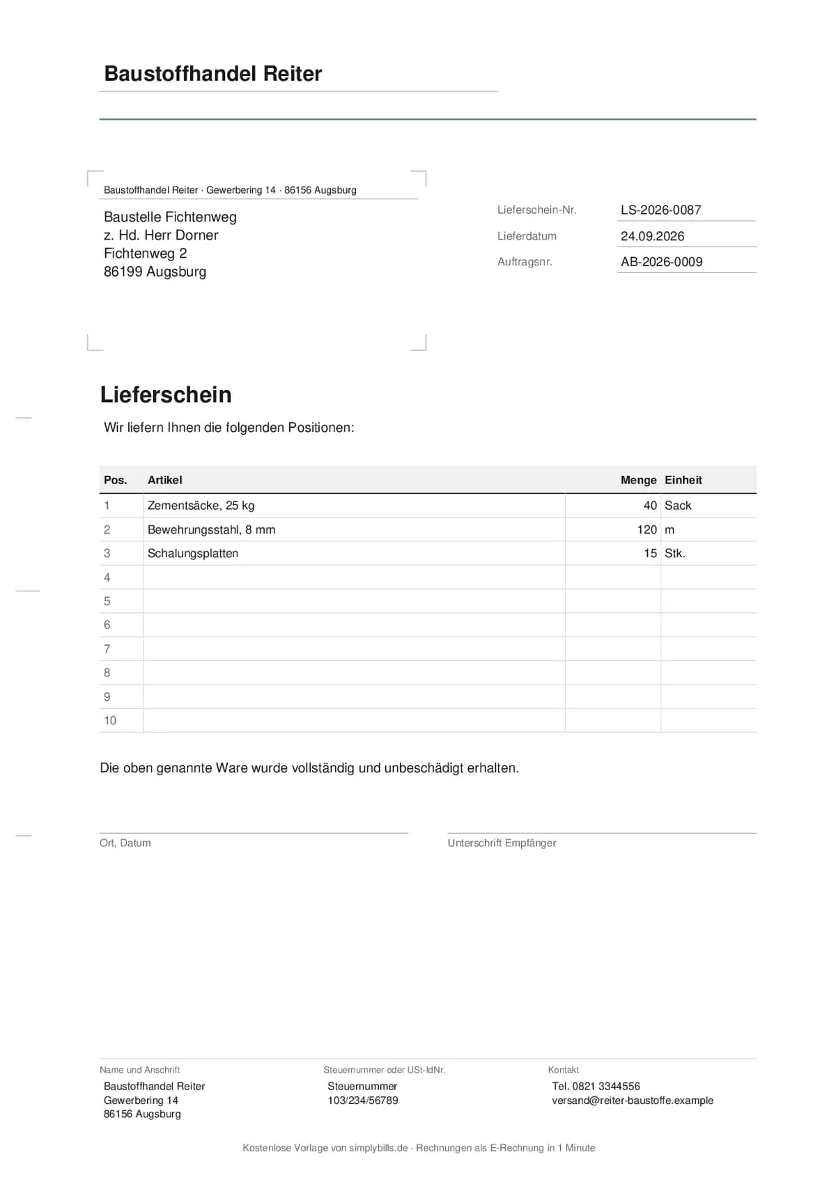Ausgefüllter Lieferschein ohne Preise mit Positionsliste und Unterschriftenfeld für den Wareneingang