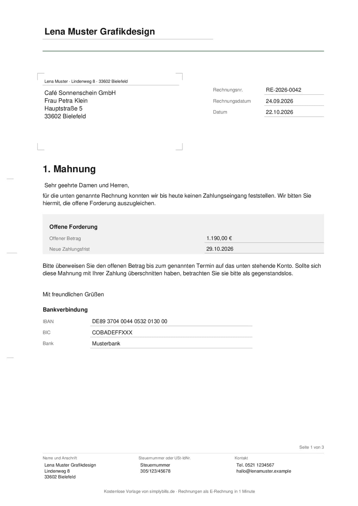 Ausgefüllte 1. Mahnung nach DIN 5008 mit Absender, Anschriftfeld, Rechnungsnummer, offenem Betrag, neuer Zahlungsfrist und Bankverbindung