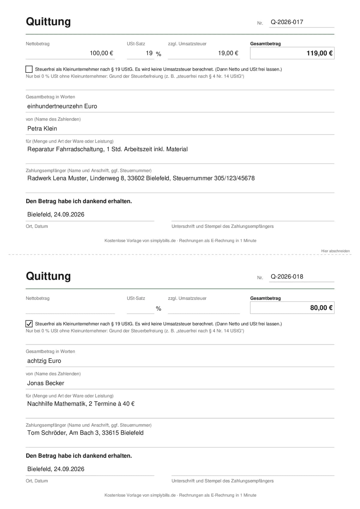 Zwei ausgefüllte Quittungen auf einer A4-Seite, oben mit 19 % Umsatzsteuer, unten als Kleinunternehmer mit Hinweis nach § 19 UStG