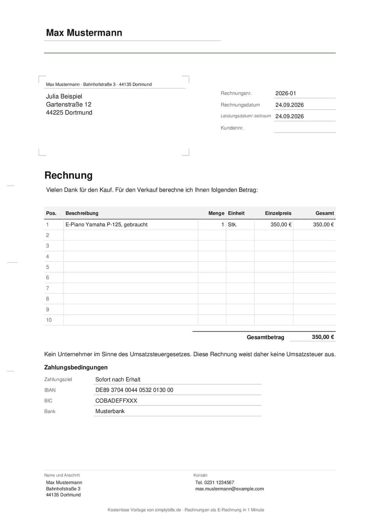 Ausgefüllte Rechnungsvorlage für Privatpersonen mit Absender, Anschriftfeld, einer Position und Hinweis, dass keine Umsatzsteuer anfällt