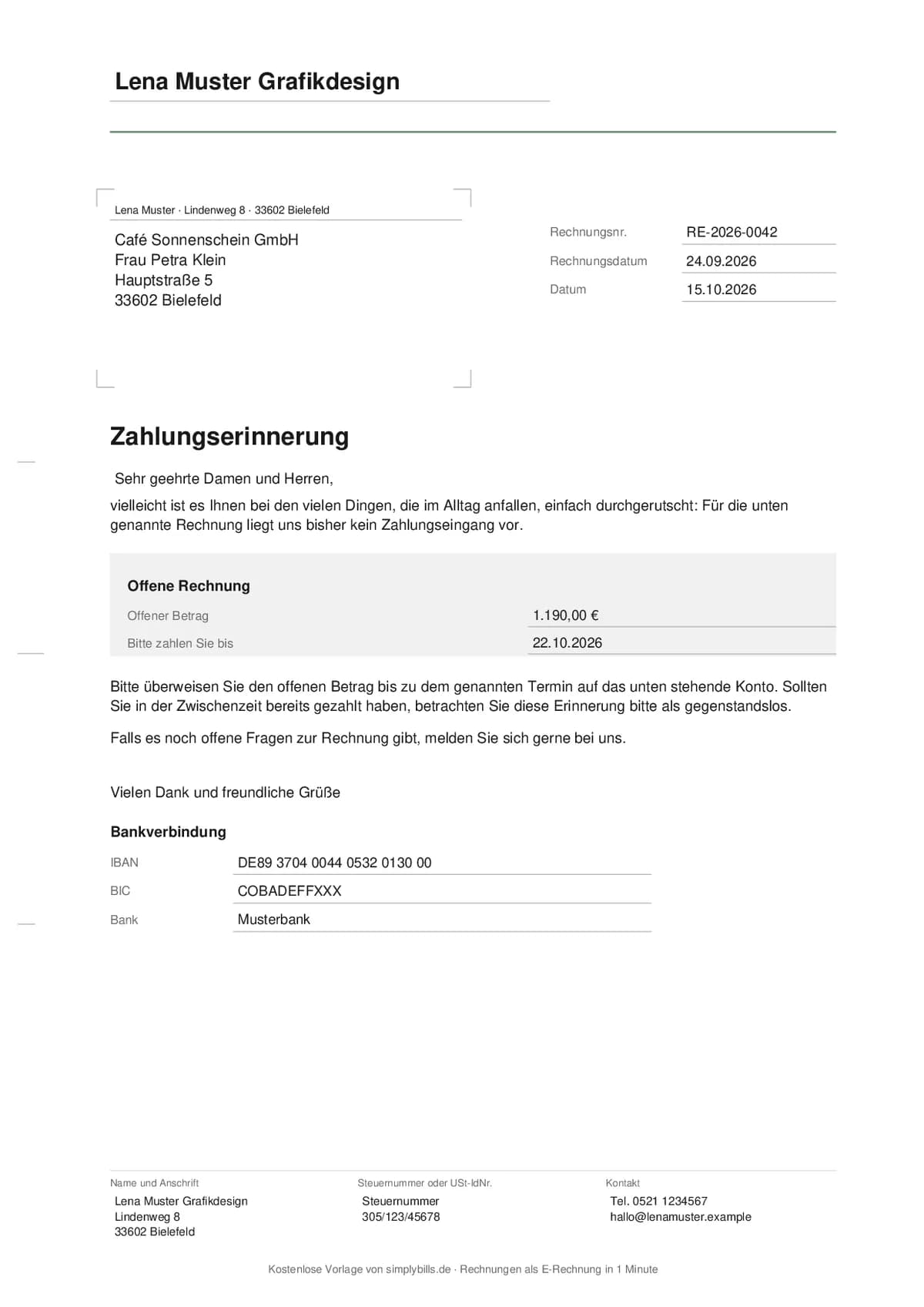 Ausgefüllte Zahlungserinnerung nach DIN 5008 mit Absender, Anschriftfeld, Rechnungsnummer, offenem Betrag, neuer Zahlungsfrist und Bankverbindung