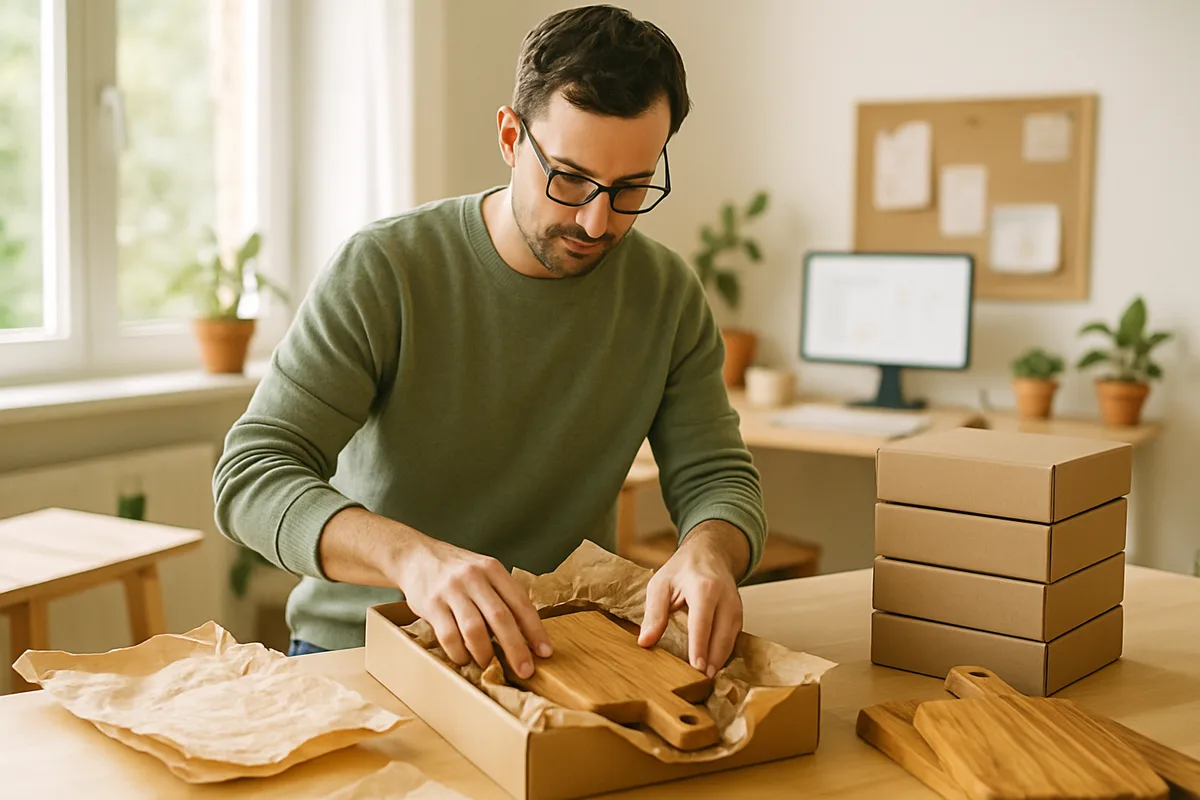 Mann verpackt selbstgemachte Holzartikel für den Versand nach Bestellungen aus seinem Online-Shop