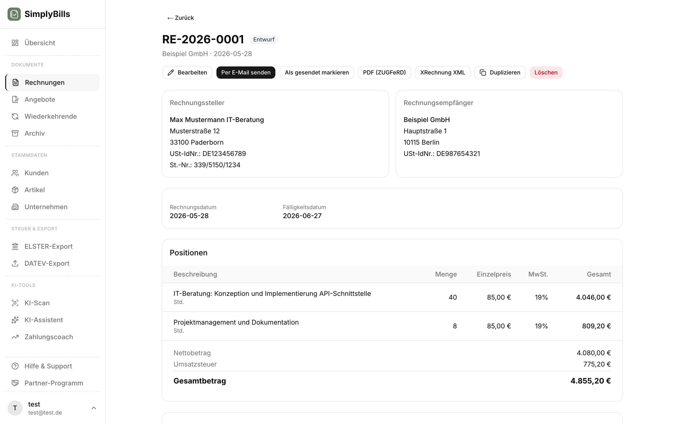 Beispiel einer ZUGFeRD-Rechnung im B2B mit eingebetteter XML-Datenebene nach EN 16931