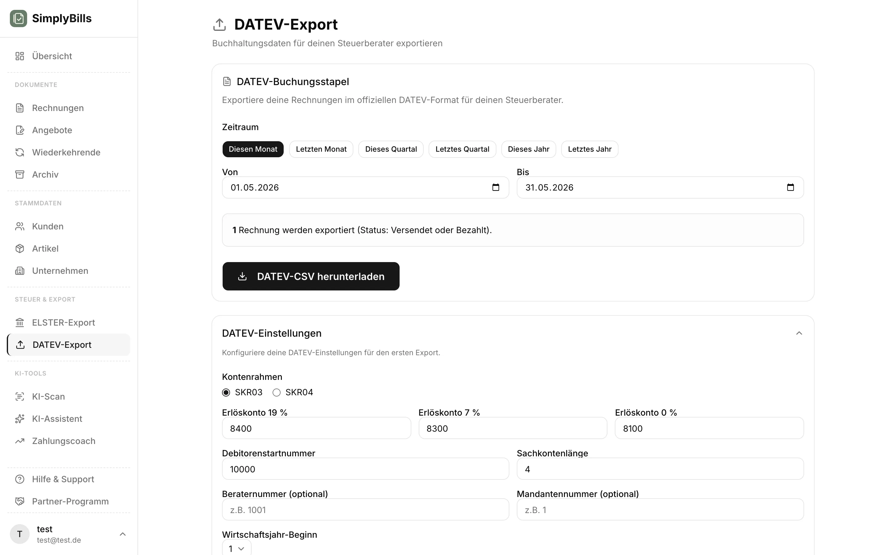 DATEV-Export-Workflow von SimplyBills zum Steuerberater
