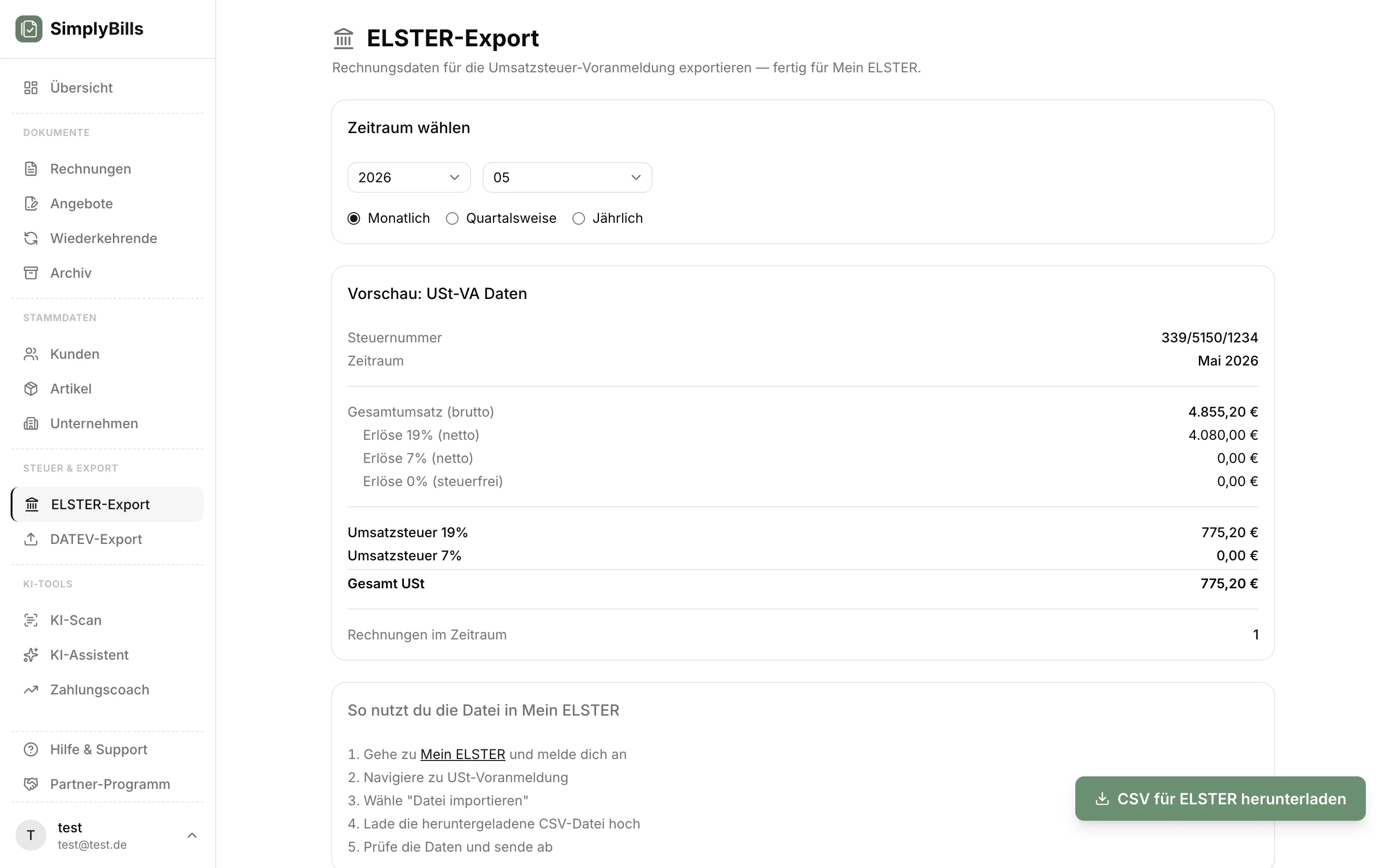 ELSTER-Export Übersicht in SimplyBills mit Jahressumme