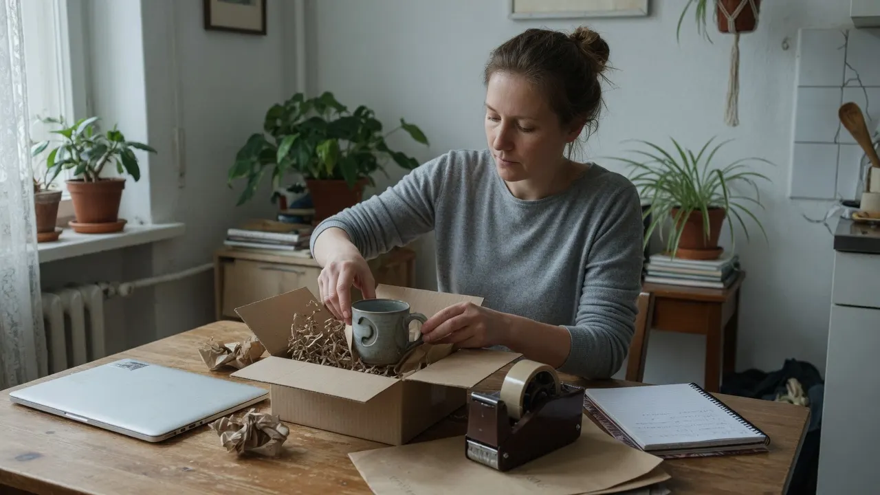 Kleinunternehmerin packt eine handgefertigte Tasse in einen Versandkarton