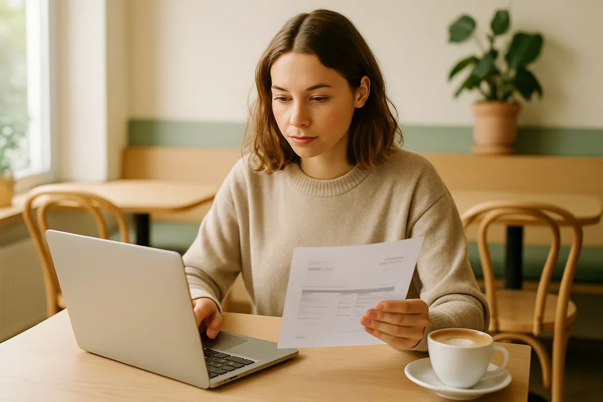 Freiberuflerin am Schreibtisch prüft eine Rechnung mit Umsatzsteuer am Laptop
