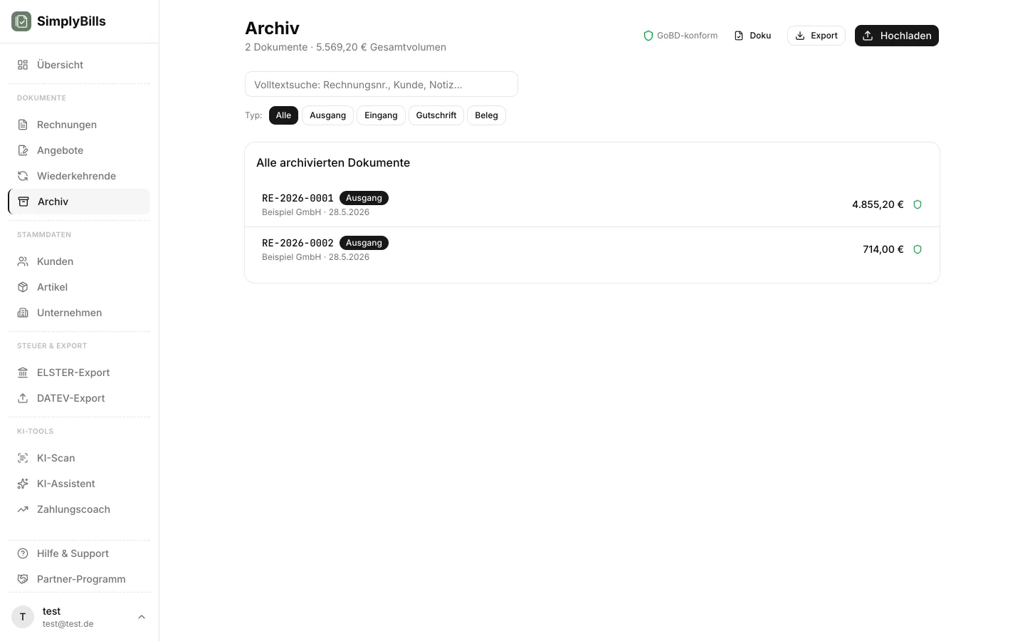 SimplyBills Archiv-Export mit Hash-Liste und CSV-Übersicht