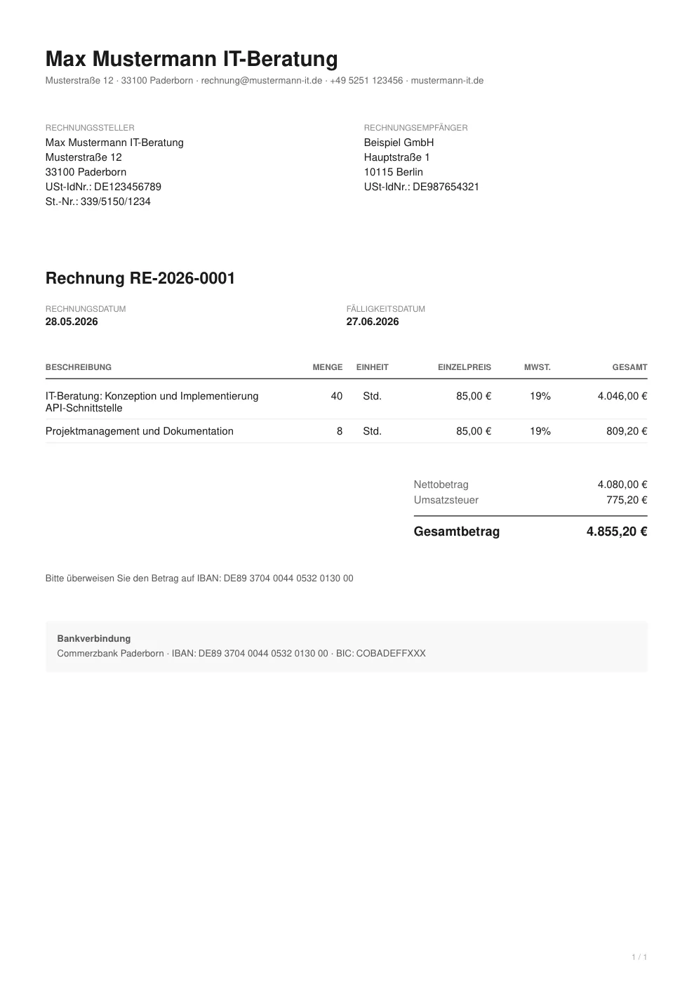 PDF-Vorschau einer fertigen Freiberufler-Rechnung mit Pflichtangaben, Positionen und Nettobetrag