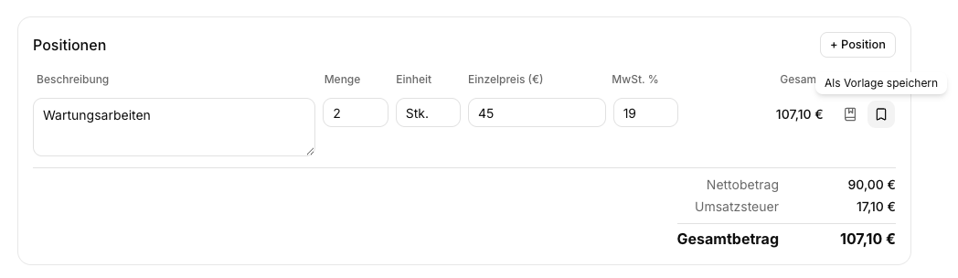 Rechnungszeile mit 'Als Vorlage speichern' Spalte in SimplyBills