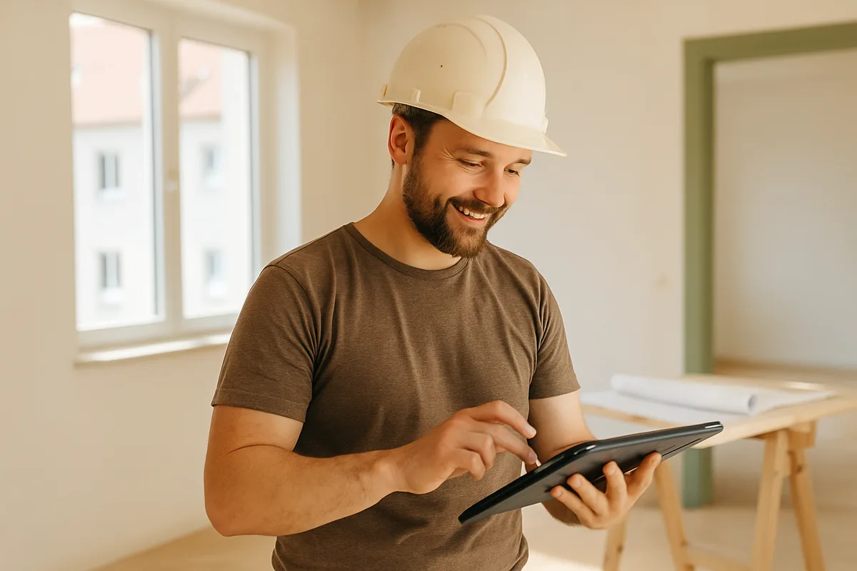 Handwerker arbeitet konzentriert an einer Installation auf der Baustelle