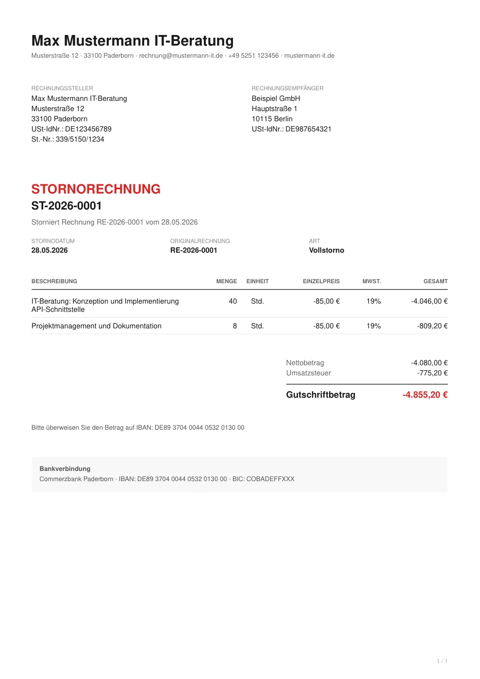 Pflichtangaben einer Stornorechnung im Überblick