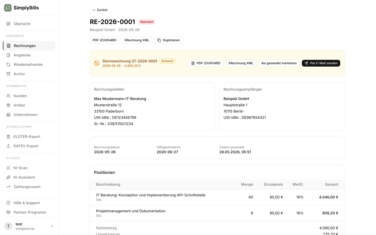 1-Klick-Storno in der SimplyBills App