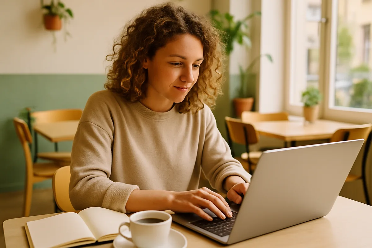 Freelancerin arbeitet konzentriert mit Laptop in einem Café an ihren ersten Aufträgen