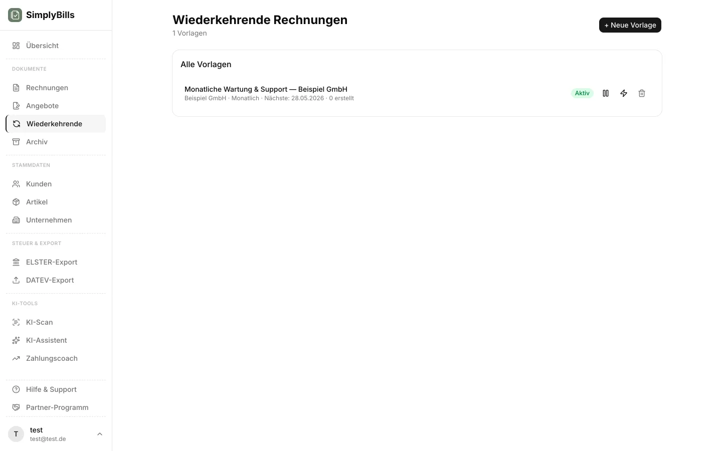 Dashboard mit Übersicht aller wiederkehrenden Rechnungsserien in SimplyBills