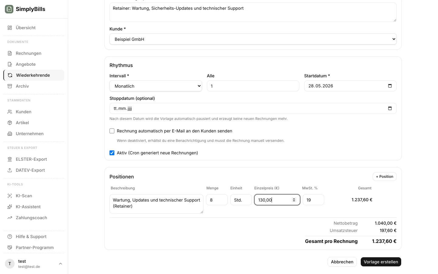 Intervall- und Startdatum-Auswahl beim Anlegen einer wiederkehrenden Rechnung in SimplyBills